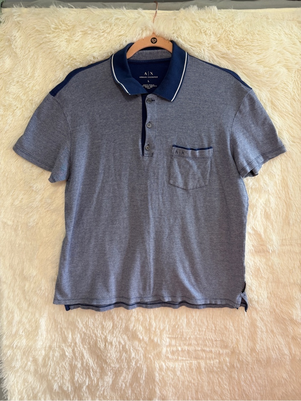 Armani Exchange AX Mens Polo Top L Blue Preppy Short Sleeve Cotton Designer